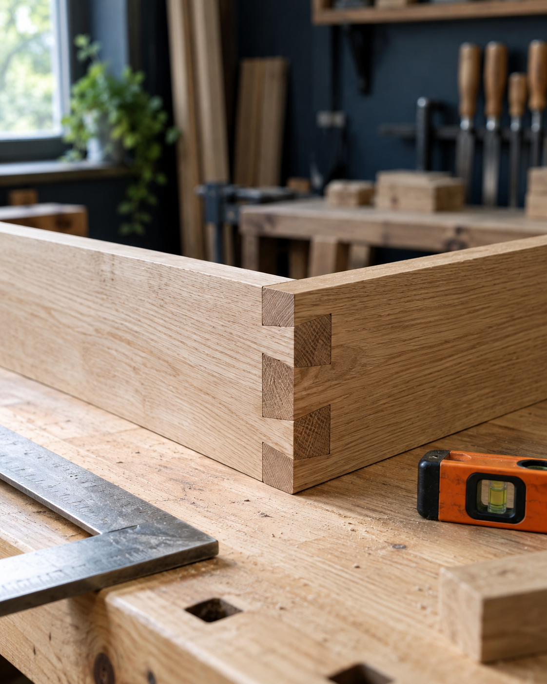 Oak joinery, a framing square, and an orange spirit level on a carpentry workbench